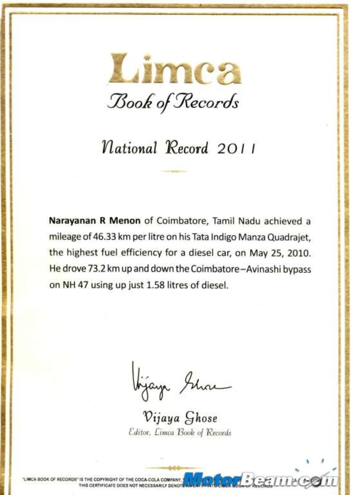 Narayanan R Menon Tata Indigo Manza Get Into Limca Book Of Records